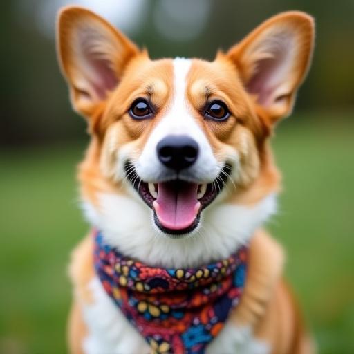 A smiling corgi wearing a custom artisanal bandana, looking cheerful and fashionable.