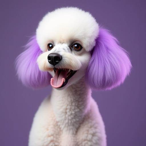 A standard poodle with a stylish, modern haircut and a touch of pet-safe purple color on its ears, looking elegant.